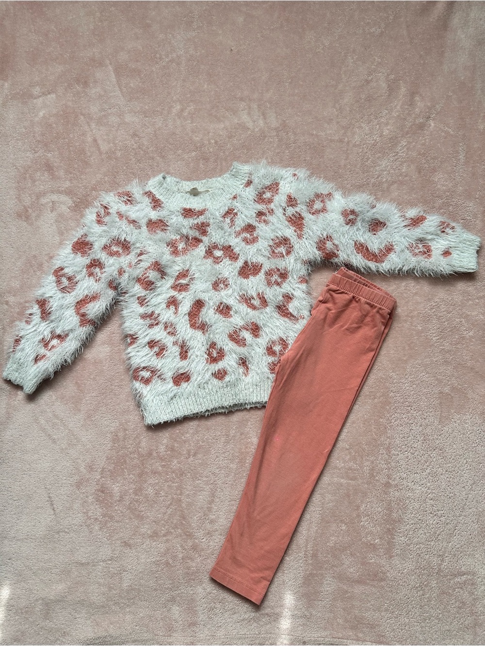 Jessica Simpson Cream Fuzzy Sweater with Coral Leopard Print & Coral Leggings